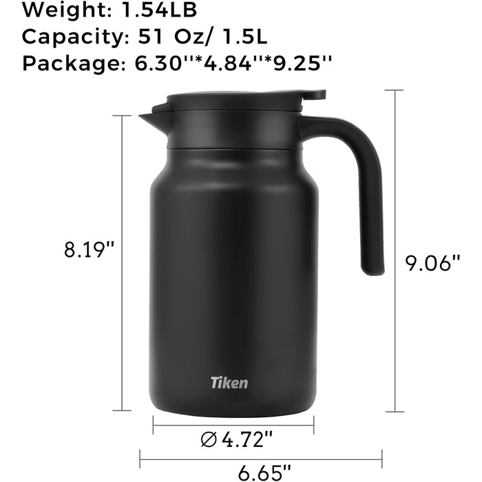 Термоглечик для кави 1,5 л з нержавіючої сталі, матовий чорний Tiken
