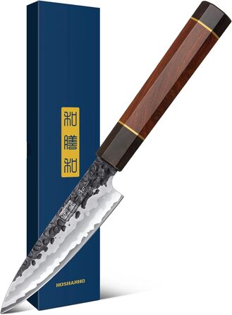 Ніж HOSHANHO Santoku Ніж ручного кування, ніж Сантоку Гостре лезо 18 см Кухонний ніж з японської серцевини VG10 Ніж для кухарів з ергономічною ручкою Подарункова коробка (ніж для чищення 9,5 см)