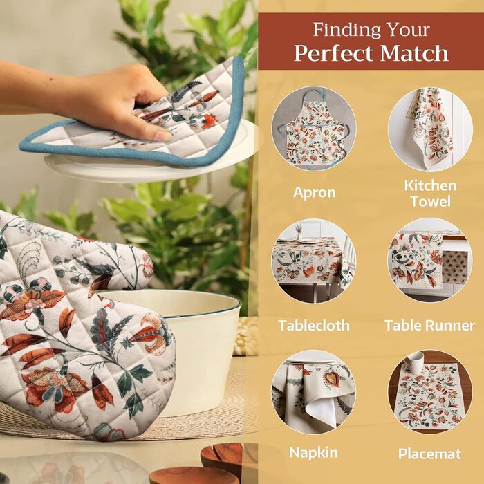 Рукавички для духовки, прихватки для каструль Maison d&39 Hermine, 100 бавовна, термостійкі кухонні рукавички, рукавички для духовки (19 x 33 см) та прихватки для каструль (20 x 20 см) для приготування їжі, Morzine - Рукавички для духовки (19 x 33 см) та 