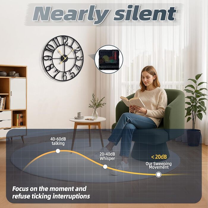 Великий круглий металевий настінний годинник у вінтажному стилі з безшумним нецокаючим годинником на батарейках 40 см, 16-дюймові римські цифри, годинники для вітальні, спальні, кухні, настінний годинник-прикраса (чорні арабські цифри, 60 см)