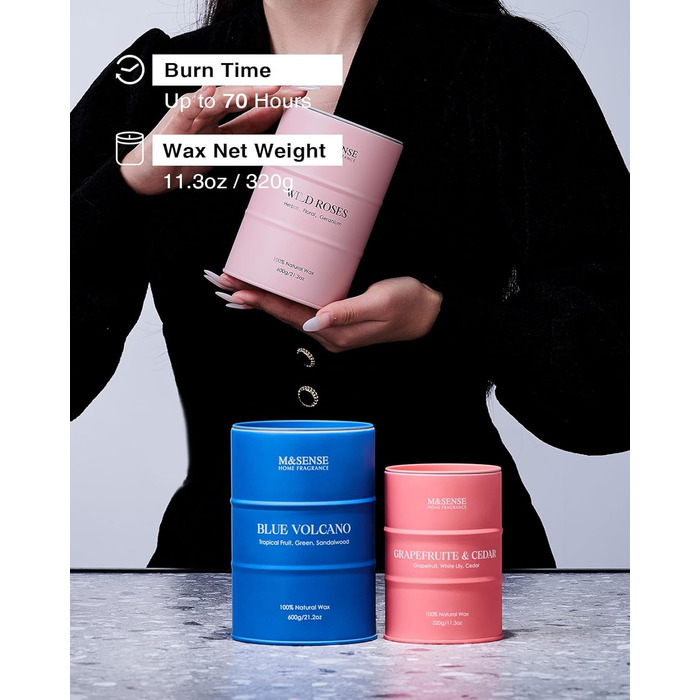 Ароматичні свічки M&SENSE з натурального соєвого воску, натуральна соєва свічка для домашнього декору, тривалий час горіння до 70 годин, класні подарунки-свічки для чоловіків та жінок (320 г, грейпфрутовий кедр)