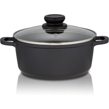 Каструля KHG з індукційним антипригарним покриттям, XXL овочева каструля, велика місткість, 10 літрів Чорний алюміній зі скляною кришкою Міцні, цільні ручки Підходить для всіх типів плит (20 см)