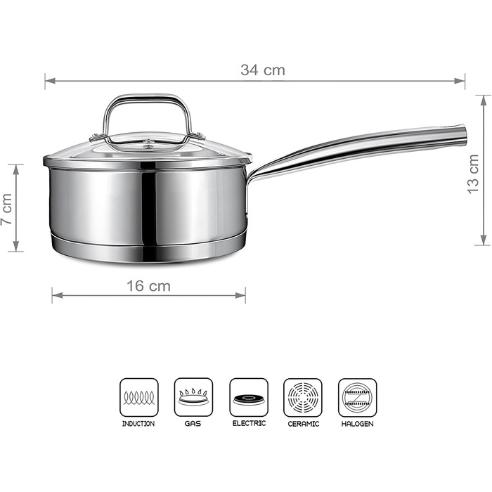 Маленька індукційна каструля Linnuo 16 см зі скляною кришкою, маленька каструля об&39ємом 1,5 л виготовлена з нержавіючої сталі 18/10, ручка не нагрівається, коване дно для всіх плит, міні-каструля, каструля для молока, індукційна каструля (16 см 1,2 л)