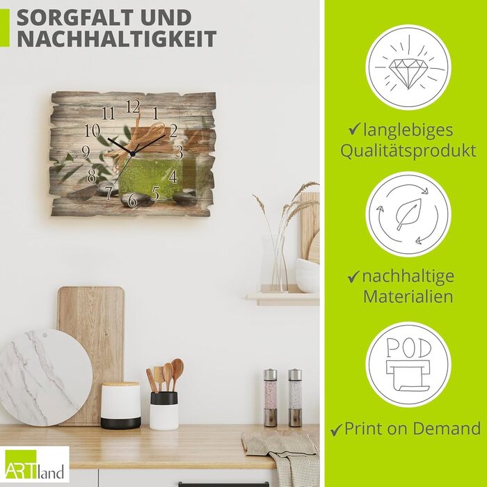 Настінний декор настінний годинник без цокання з дерева радіогодинник безшумний прямокутний 40x30 см їжа бакалія спеції трави лимон чилі вінтажний сільський U1RK трави (мило, кварцовий годинник)