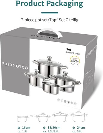 Набір каструль з нержавіючої сталі зі скляними кришками, 7 предметів Fuexmotco