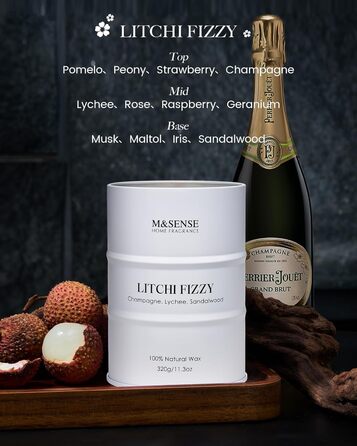 Ароматичні свічки M&SENSE з натурального соєвого воску, натуральна соєва свічка для домашнього декору, тривалий час горіння до 70 годин, класні подарунки для чоловіків та жінок (320 г, лічі, шипучі)