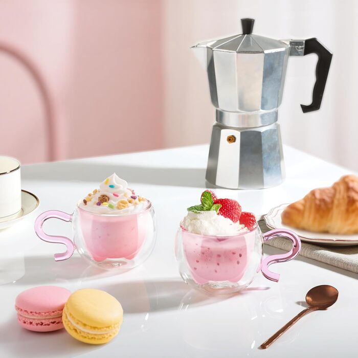 Двостінні милі келихи для лате макіато з різдвяною ялинкою 270 мл Кавова чашка Різдвяна кружка з ситечком для чаю з різдвяною ялинкою Чайні склянки для молока, льоду, різдвяні подарунки для жінок і дітей (тип 13 рожевий-130 мл*2, 130 мл*2)