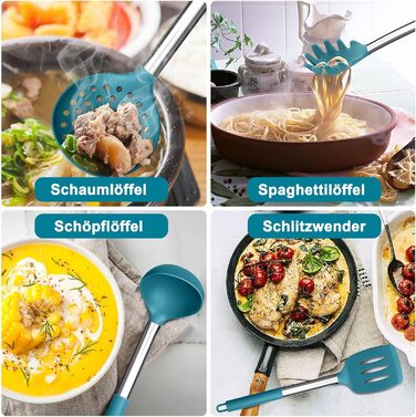 Набір силіконових кухонних гаджетів Herogo, набір кухонного посуду з 22 предметів Набір кухонних столових приборів із тримачем для посуду, термостійке кухонне начиння з ручкою з нержавіючої сталі, антипригарне та здорове (синій)