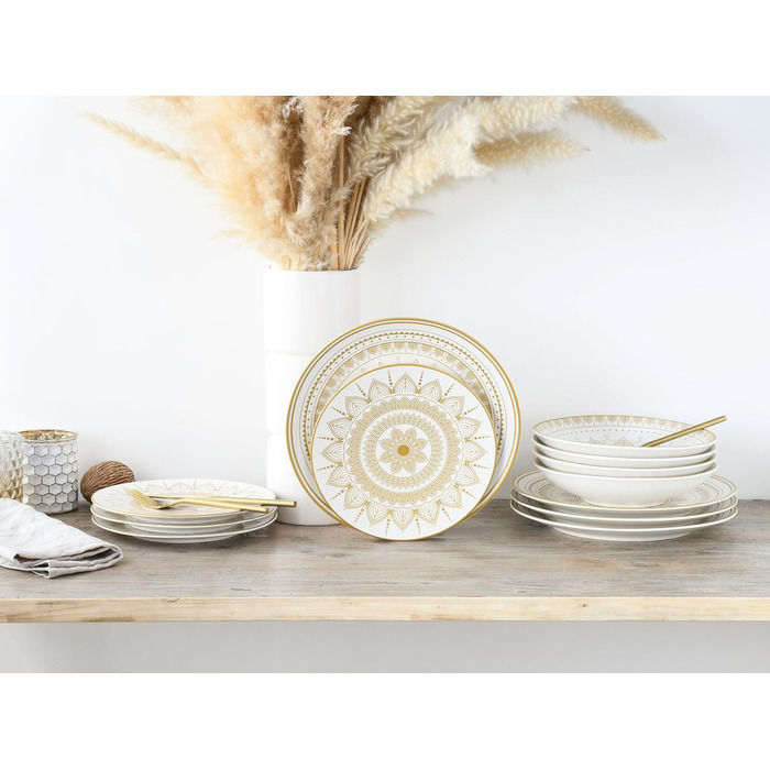 Серія Mandla Gold Black, набір посуду з 8 предметів, комбінований набір керамограніту (12 предметів, золотисто-білий), 23587