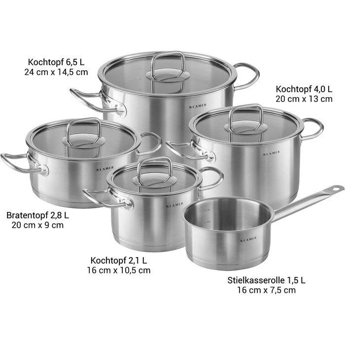 Набор кастрюль из нержавеющей стали со стеклянными крышками, 5 предметов Klamer