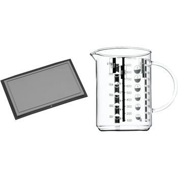 Пластиковая разделочная доска WMF Touch 32 x 20 см, Разделочная доска с канавкой для сока, Доска для разделки мяса, Удобная разделочная доска для лезвий, (Черная, комплект с мерным стаканчиком)