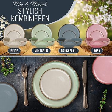 Набір посуду з керамограніту 6 персон Рустик 24 шт. - Набір посуду в сільському стилі, можна мити в посудомийній машині - Набір мисок і тарілок - Чистий живий посуд в (миски (6x), рожеві)