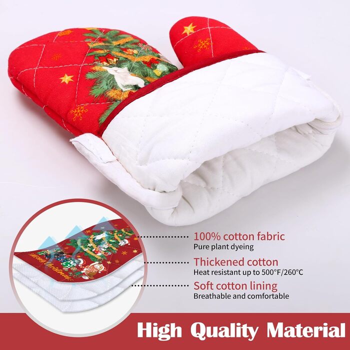 Набір з 2 різдвяних рукавичок для духовки та прихваток Arquiel, 100 бавовняні кулінарні рукавички, термостійкі кухонні рукавички для приготування їжі, різдвяний декор для кухні, подарунки для жінок (різдвяна ялинка 02, рукавички для духовки*2 прихватки*2)