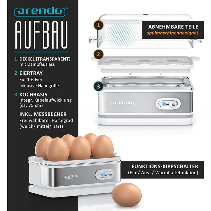 Яйцеварка з нержавіючої сталі з функцією збереження тепла - Перемикач функцій зі світловою індикацією - Ступінь твердості з можливістю вільного вибору - матова нержавіюча сталь - без бісфенолу А - у кольорі Cool Grey (D сріблястий / білий)