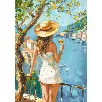 Картина на полотні STYLER Флоренція 60 x 80 см I Жінка в літньому капелюсі Середземноморський прибережний пейзаж I Вітальня спальня офіс I Настінна прикраса з морським колоритом на тему відпочинку I Зроблено в Європі 80Д x 60Ш см Флоренція