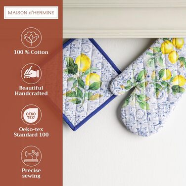 Рукавички для духовки Maison d&39 Hermine, Прихватки для каструль, 100 бавовна, термостійкі кухонні рукавички, рукавички для духовки (19 x 33 см) та прихватки для каструль (20 x 20 см) для приготування їжі, Morzine - Рукавички для духовки (19 x 33 см) та 