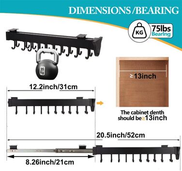 Підвісна підставка для каструль з гачками - регульований кухонний органайзер для каструль та сковорідок, розсувна рейкова полиця, вантажопідйомність 34 кг (12,2 дюйма/31 см, чорний)