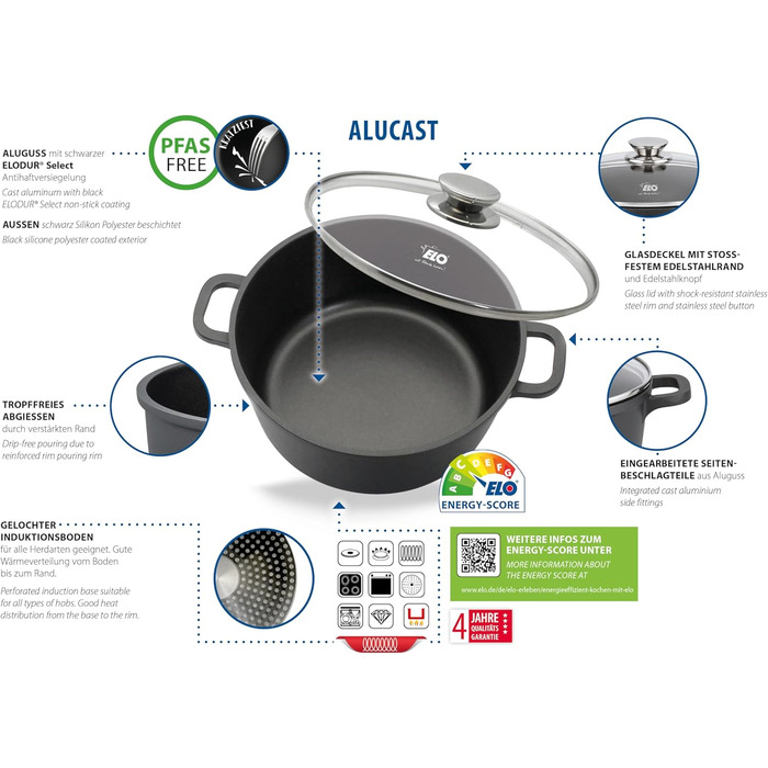 Каструля 1,3 л алюмінієва зі скляною кришкою 16 см Alucast ELO