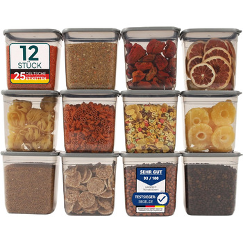 Герметичные банки для хранения uandu с крышками Набор из 12 баночек для хранения Герметичная кухня для хранения всех продуктов Не содержит бисфенола А Органайзер для кухни Контейнер для хранения Склад муки серый-12