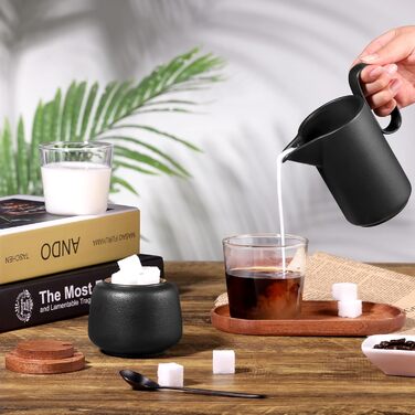 Набір для молока та цукру з кришкою та металевою ложкою, 5 предметів чорний ecooe