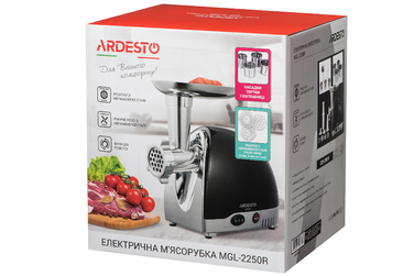 ARDESTO М'ясорубка, 1800Вт, продук.-2кг/хв, 3 решітки + для ковб., кеббе, 4 терки, пластик, чорно-сріблястий