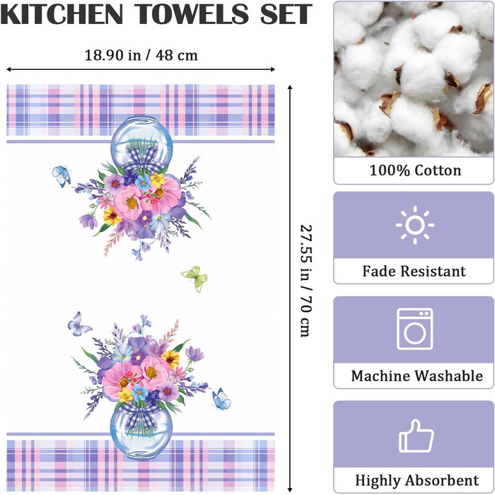 Кухонні рушники, бавовна, 4 упаковки, кухонні рушники, 100 бавовна. Осінній набір кухонних рушників. Універсальні високоякісні кухонні рушники для сушіння, 50 x 70 см (фіолетова квітка 02)