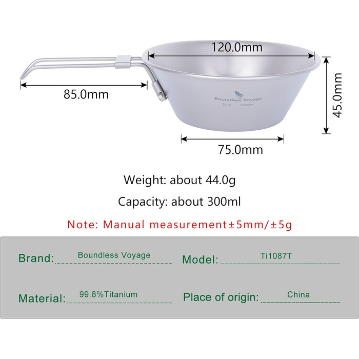 Мл / 450 мл Титановая чаша для чаши Легкая посуда для кемпинга со складной ручкой и носиком против капель Прочная наружная походная мини-посуда для пикника (чашка Ti1087T-300 мл), 300