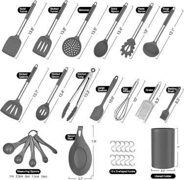 Набор кухонной утвари Herogo из 30 предметов с держателем, набор силиконовой кухонной утвари с ручкой из нержавеющей стали, жаропрочная кухонная утварь, можно мыть в посудомоечной машине, (серый)