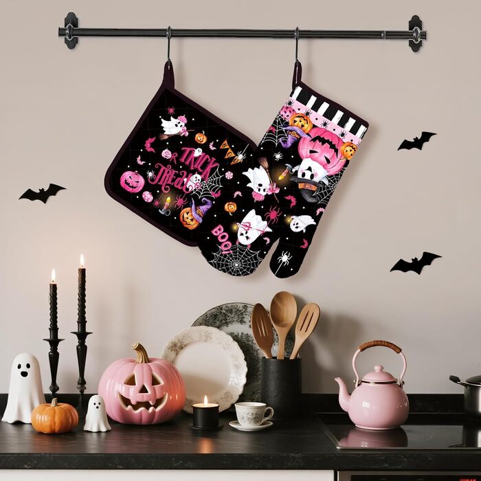 Різдвяний набір із 2 рукавичок для духовки та підставок для каструль Arquiel, 100 бавовняні кулінарні рукавички, термостійкі кухонні рукавички для приготування їжі, різдвяні подарунки на кухню для жінок (Хелловін 01, рукавички для духовки підставки для ка