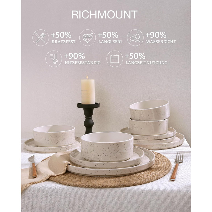 Набір посуду Richmount Nebula для 6 осіб, набір тарілок та мисок із 18 предметів, набір посуду з крапчастої кераміки, можна мити в мікрохвильовій печі та посудомийній машині, сервіз Nebula для 6 осіб (кремово-білі цятки, сервіз Nebula для 4 осіб)