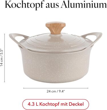 Алюмінієва каструля FLORINA 16 см 1,6 л Підходить для індукції Керамічне покриття, стійке до подряпин М&39яка ручка під дерево Термостійка Для всіх варильних поверхонь Легко миється (OSLO, 4,3 л - 24 см)