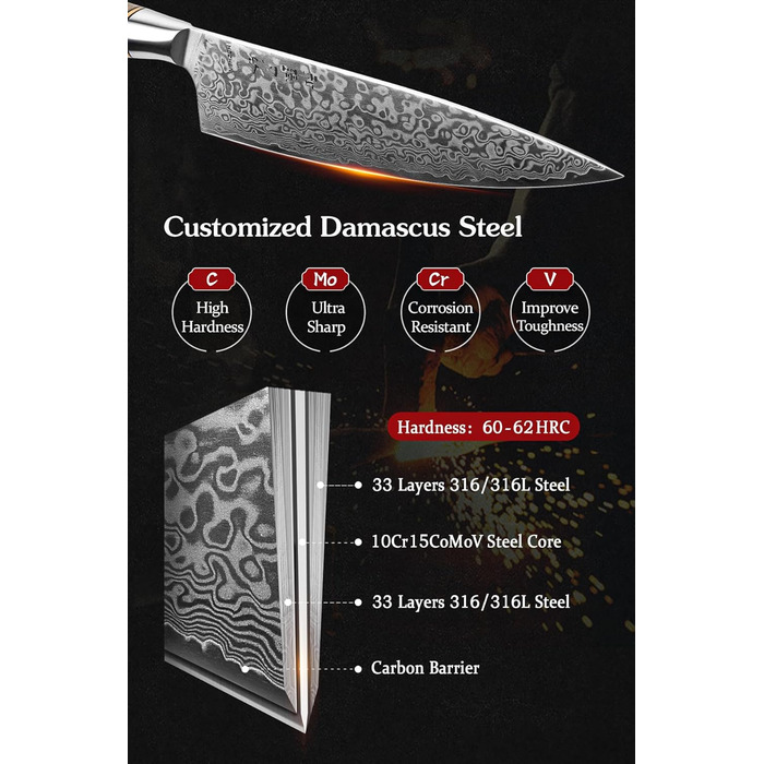 Нож поварской 21 см, дамасская сталь HEZHEN