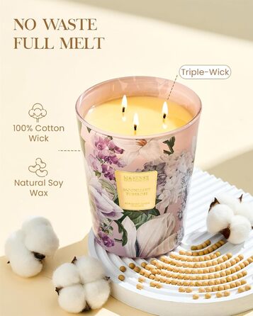 Ароматична свічка M&SENSE надзвичайно велика, час горіння 150 годин, натуральна ароматерапевтична свічка з 3 гнітами, сильний аромат, тривале горіння, подарункова свічка та прикраса для дому, подарунки для жінок (990 г, тубероза місячне сяйво)