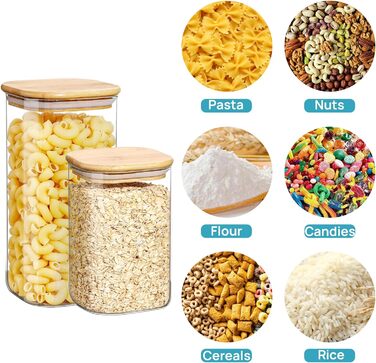 Набір Vtopmart з 7 банок для зберігання з кришками, банки для зберігання Банки з кришками, банки для зберігання з дерев'яними кришками для зберігання спагетті (квадрат-3 упаковки 54 унції)