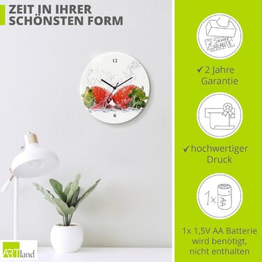 Настінний декоративний годинник без цокання скла Ø 30 см круглий безшумний фрукт апельсин у воді фрукти сучасна їжа T5UI (полуниця з бризками води, кварцовий годинник)