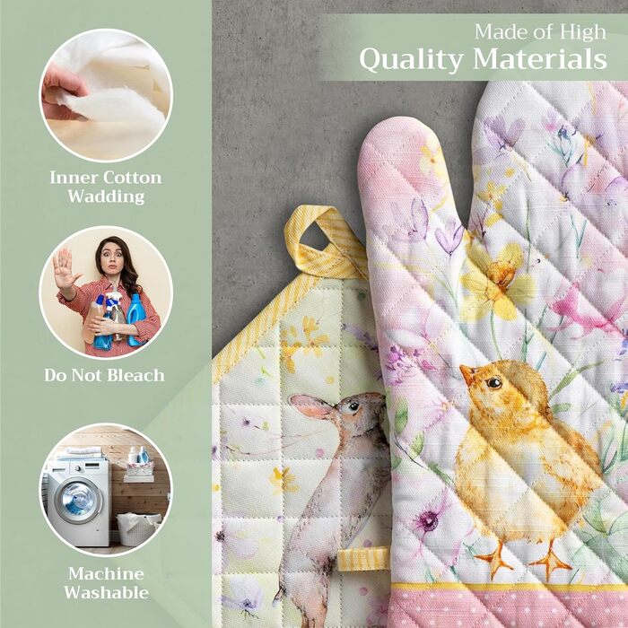 Рукавички для духовки Maison d&39 Hermine, Прихватки для каструль, 100 бавовна, термостійкі кухонні рукавички, рукавички для духовки (19 x 33 см) та прихватки для каструль (20 x 20 см) для приготування їжі, Morzine - Рукавички для духовки (19 x 33 см) та 