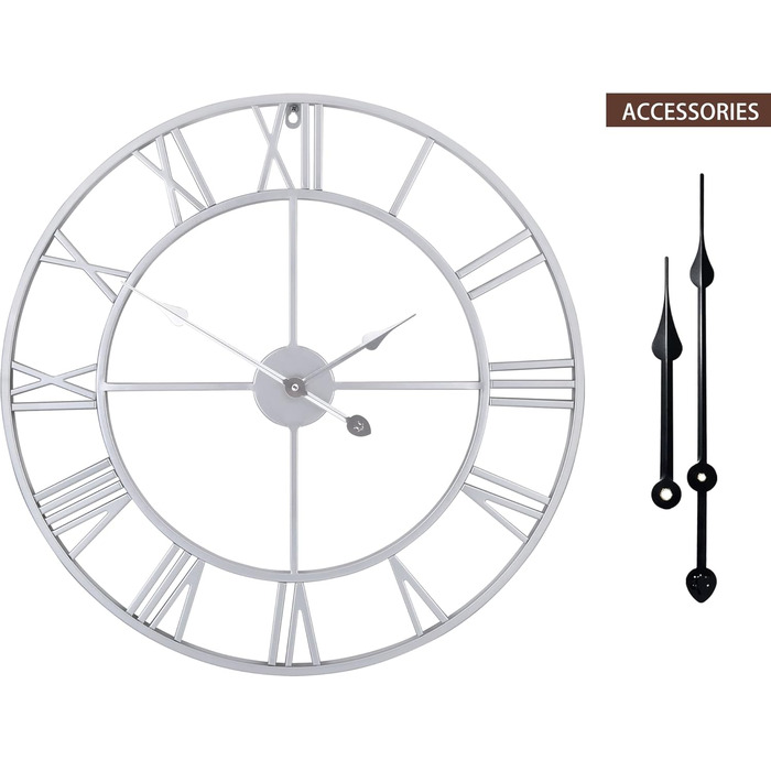 Великий круглий металевий настінний годинник у вінтажному стилі з безшумним нецокаючим живленням від батареї 40 см, 16-дюймовий римський номер, годинники для вітальні, спальні, кухні, настінний годинник-прикраса (срібло, 47 см)