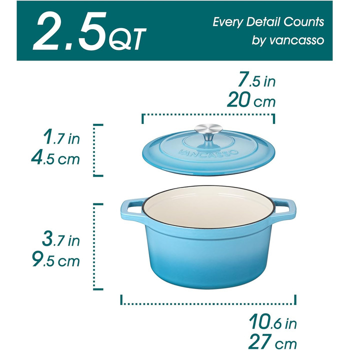 Чавунна сковорода Vancasso, чавунна каструля з кришкою, емальоване покриття об&39ємом 5 л, індукційна каструля, каструля, чавунна сковорода для всіх типів плит, підходить для індукції, кругла, кремово-біла, 5 л біла (синя, 20 см)