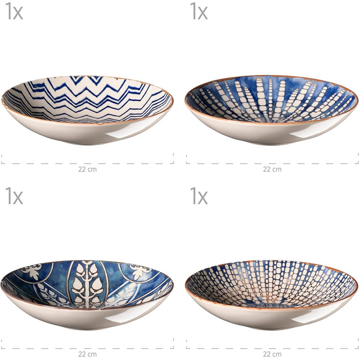 Обідній сервіз з 12 предметів на 4 особи в мавританському стилі, набір тарілок з різними вінтажними візерунками в білому та блакитному кольорах, керамограніт, 934017 Iberico Blue