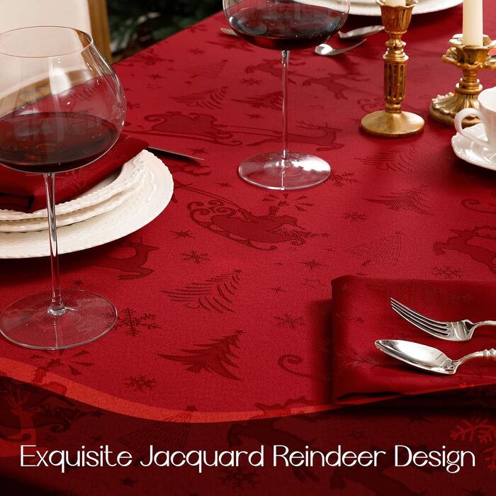 Маленька різдвяна скатертина Romanstile, яку можна прати та вона водовідштовхувальна, жакардові олені та ялинка, квадратна скатертина для журнального столика, святкова, подарункова (140 x 180 см, червона)