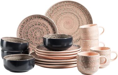 Набор посуды с ручной росписью MSER серии 931743 Spicy Market на 4 персоны в средиземноморском винтажном дизайне, комбинированный сервиз из 16 предметов из керамики, розового цвета, керамогранита