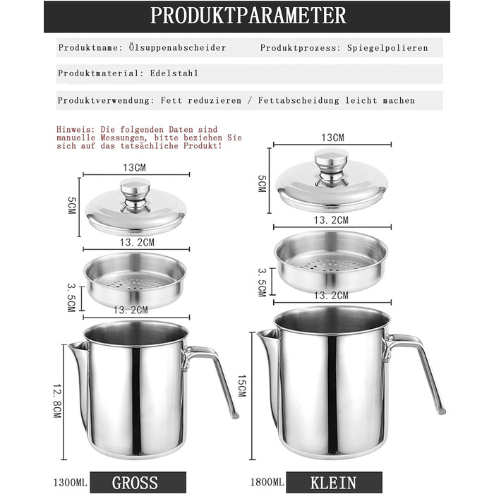 Сепаратор для відокремлення жиру 1,3 л з кришкою, нержавіюча сталь YITAIYUAN