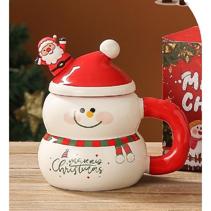 Різдвяний кухоль 400 мл з кришкою та ложкою, Сніговик в червоній шапці VollfitYYu