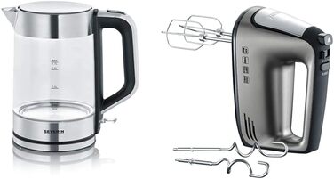 Стеклянный чайник SEVERIN с обемом наполнения 1,7 л XXL, мощный и компактный чайник в высококачественном дизайне, электрический чайник с фильтром известкового налета, 2200 Вт, стекло из нержавеющей стали, WK 3420 (в комплекте с ручным миксером)