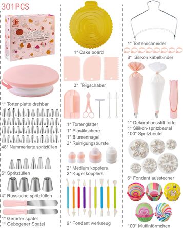 Набір аксесуарів для торта Nifogo, 301 предмет, аксесуари для випічки, аксесуари для декорування тортів з обертовою підставкою, кондитерський мішок, кондитерські насадки, шпатель для початківців (C-світло-рожевий)