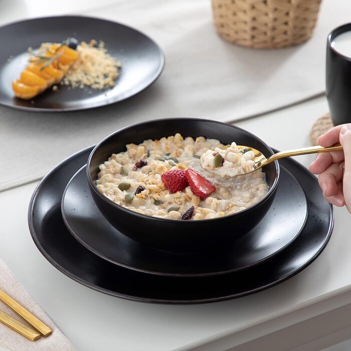 Столовий сервіз з керамограніту, набір посуду vancasso MODA, вінтажний вигляд, комбінований сервіз із 40 предметів з 8 обідніми тарілками, тарілками для тортів, суповими тарілками, мисками та чашками кожна (чорна, комбінована сервіровка 20 шт. )