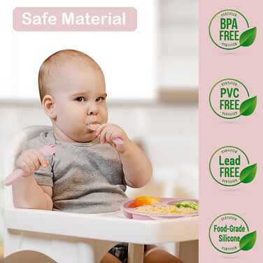 Силіконовий набір дитячого столового посуду Bizcasa з 9 предметів, нековзкий набір дитячого столового посуду, дитячий столовий посуд із присоскою, нековзна дитяча миска, дитяча тарілка, дитячий набір столових приладів для малюків, без бісфенолу А (світло-