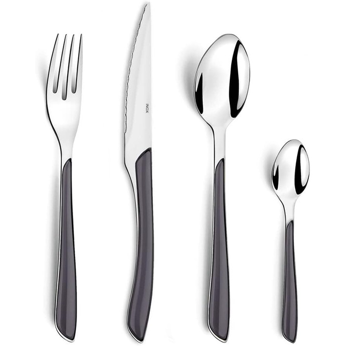 Набор столовых приборов, 24 предмета, набор столовых приборов на 6 человек, коричневые пластиковые ручки под дерево, можно мыть в посудомоечной машине, столовые приборы из нержавеющей стали, светлое дерево (серый)