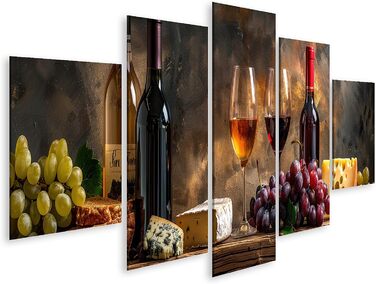 Друк на полотні Сільський натюрморт з пляшками вина, келихами, виноградом, сиром, хлібом на дерев&39яному столі Картини Настінний художній постер (полотно 170x80 см - 5 частин)