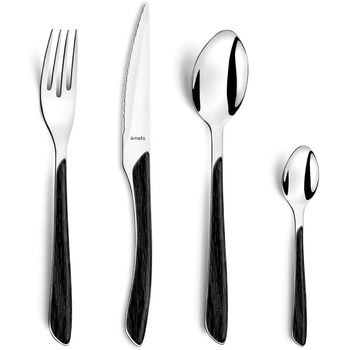 Набор столовых приборов Amefa ECLAT Nature, 24 предмета, набор столовых приборов на 6 человек, коричневые пластиковые ручки под дерево, можно мыть в посудомоечной машине, столовые приборы из нержавеющей стали, светлое дерево (под дерево / черный)